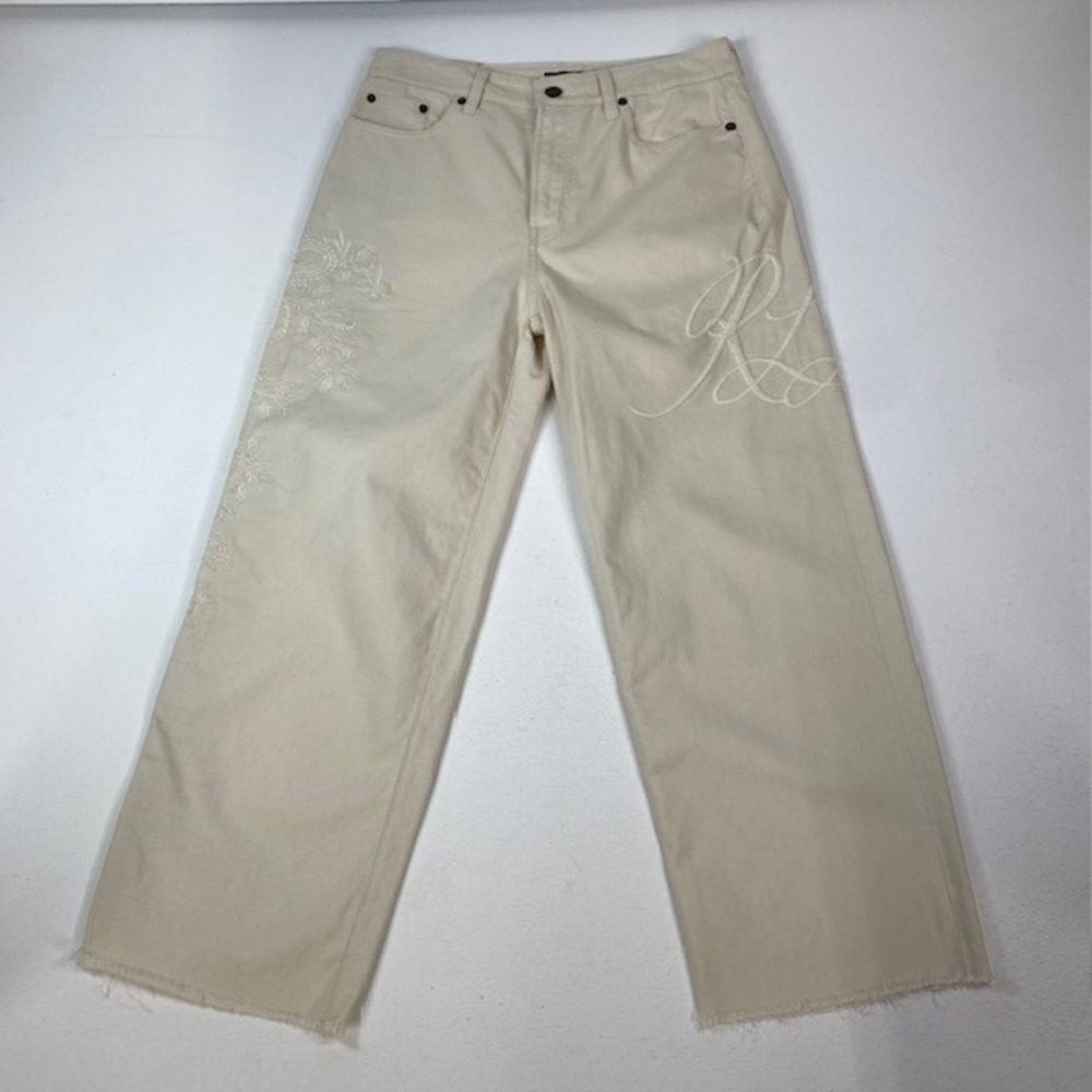 LAUREN Ralph Lauren Embroidered Beaded Jeans Womens 4 Cream Wide Leg Frayed Hem